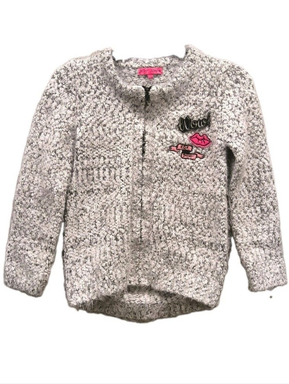 Betsey Johnson Fuzzy Boucle Zip Sweater Jacket XOX Lips Patches Y2K Gray Sz7/8